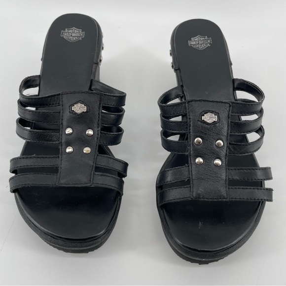 Harley Davidson Womens Wedge Sandals Black Leather Studded Strappy Clog 7M - Picture 2 of 8